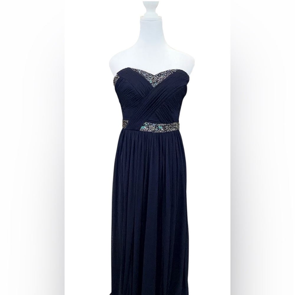 Aqua Women's Navy Strapless Gown with Beads, Shirred Bodice, Flowy Long Size 8